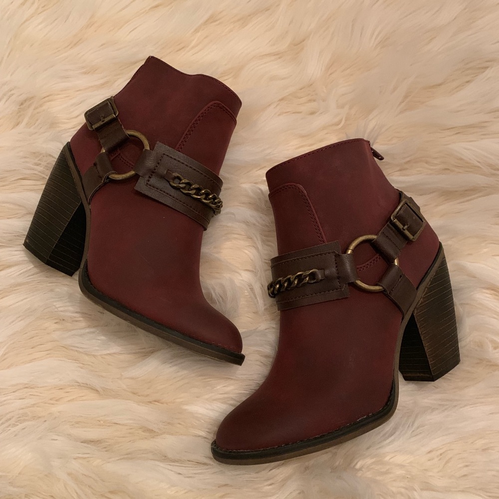 Wine Color Buckle Ankle Boots